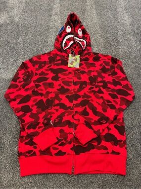 Bape Red & Dark Red Shark Camo Zip-Up Hoodie. Size L, Fits like Medium!